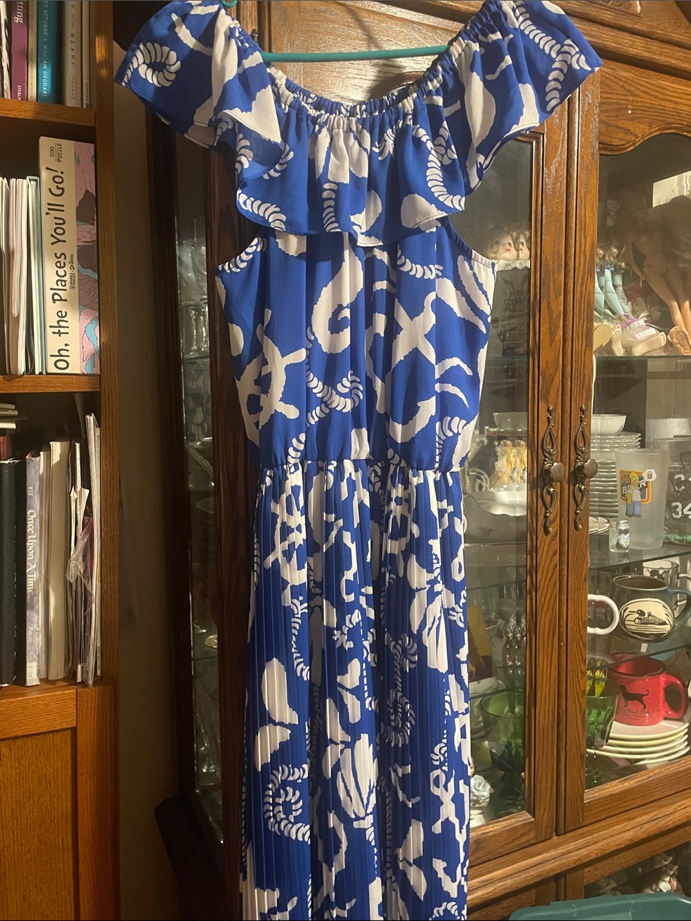 Lilly Pulitzer Blue & White Off-Shoulder Floral Maxi summer dress 000936